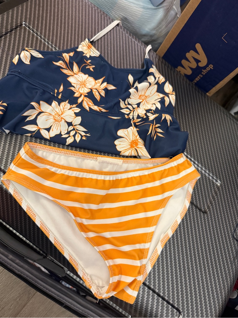 Kids Navy Floral & Orange Stripe Two-Piece Swim Set